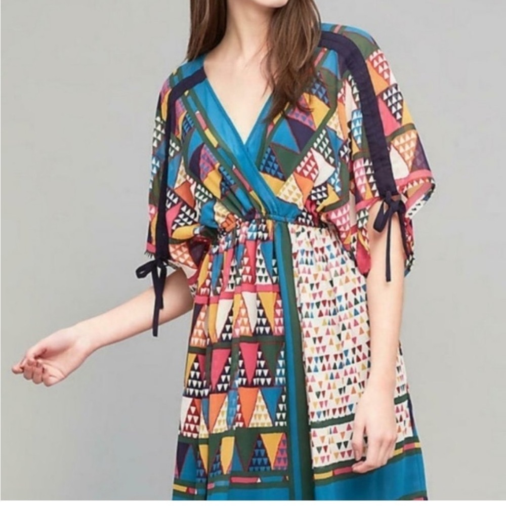 Maeve Anthropologie Semi Sheer Geometric Dress sz 4 V-Neck Cinch Shoulders Blue - Picture 2 of 11